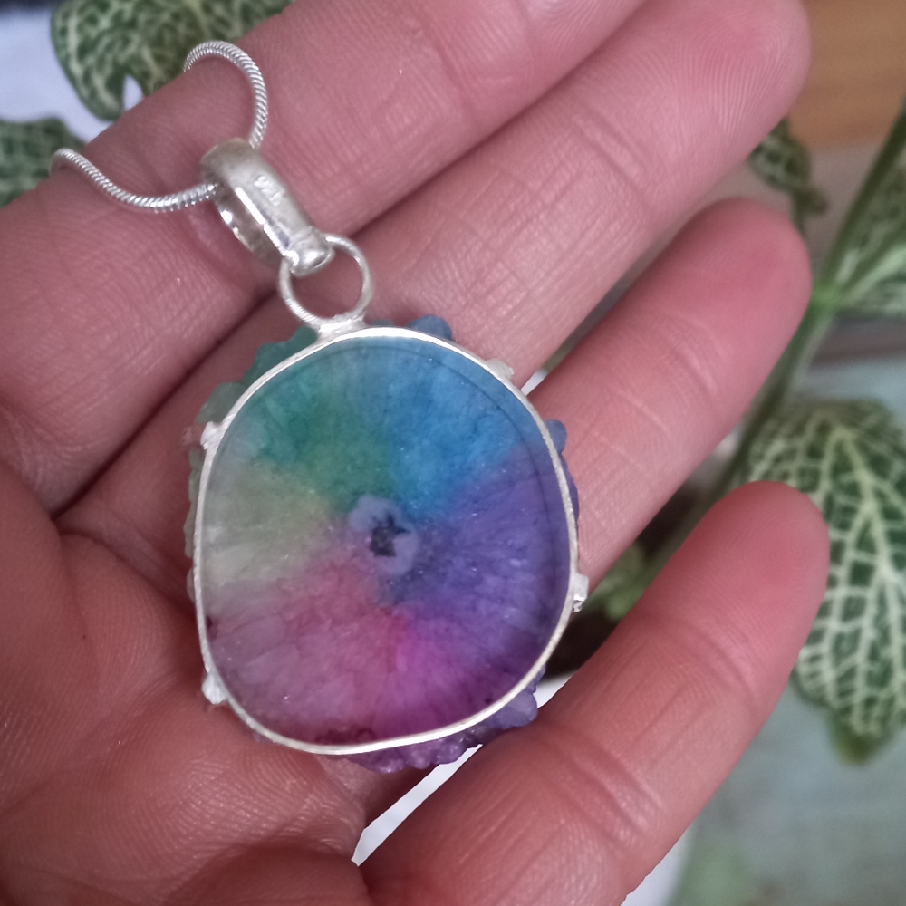 Rainbow Quartz Gemstone Druzy Necklace Sterling Silver 925 - Picture 4 of 4
